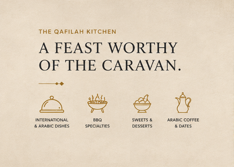 The Qafilah Kitchen — a feast worthy of the caravan. International & Arabic dishes, BBQ specialties, sweets & desserts, Arabic coffee & dates